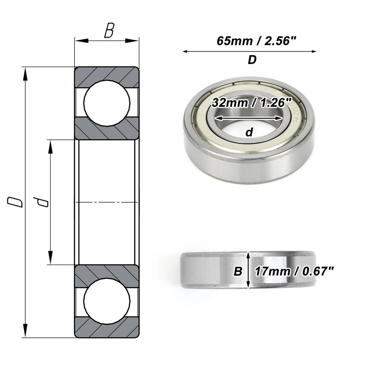 Deep Groove Ball Bearing P0 32x65x17mm for Scooter Skateboard (1 Pc)