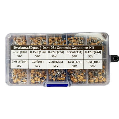 500pcs Ceramic Capacitor Assorted Kit 0.1uF–10uF 50V