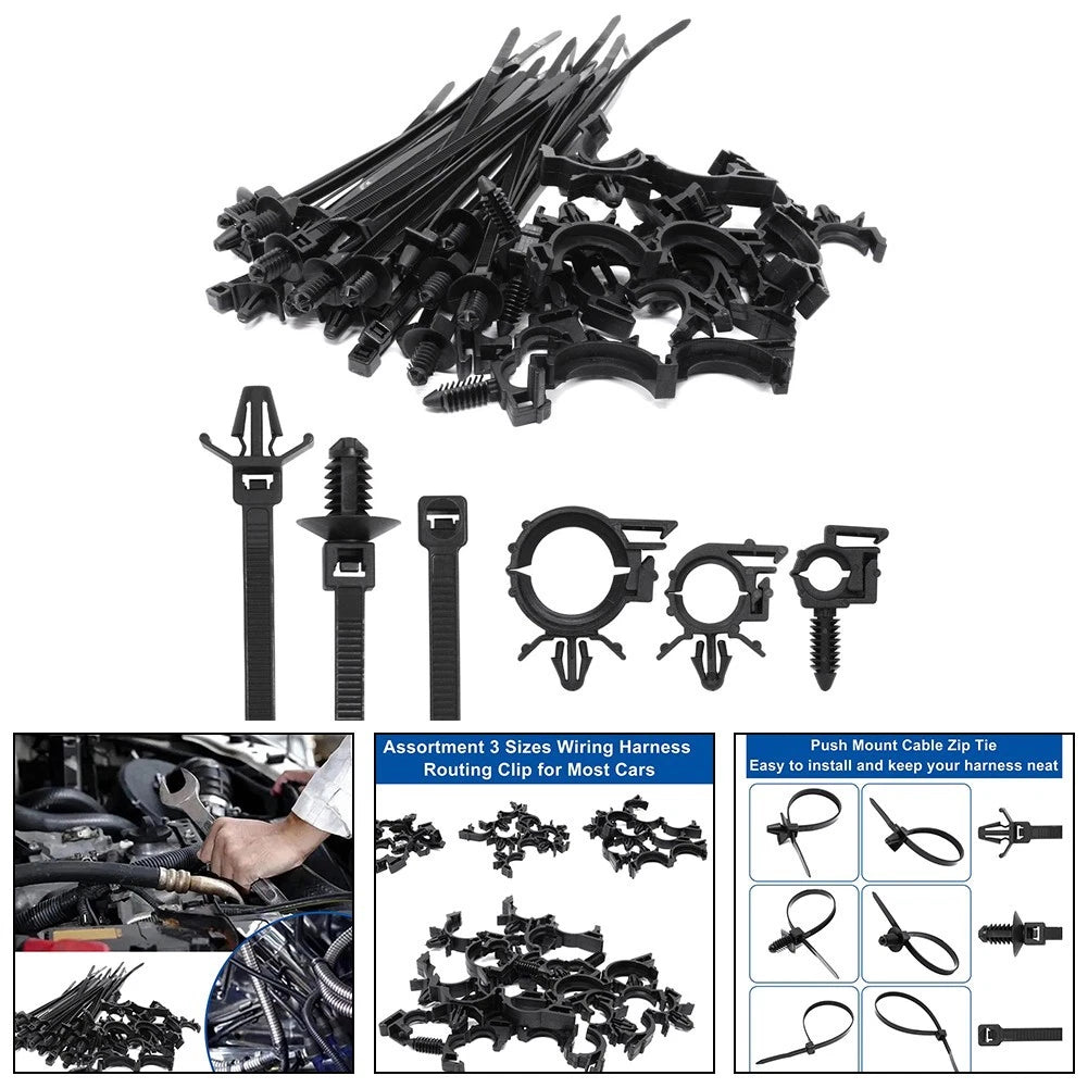 Set of 45 Push Mount Zip Ties with Wire Routing Clips for Engine Bay