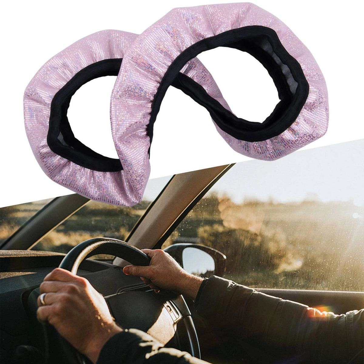 3PCS Steering Wheel Cover Set for Universal Vehicles - Glitter Pink