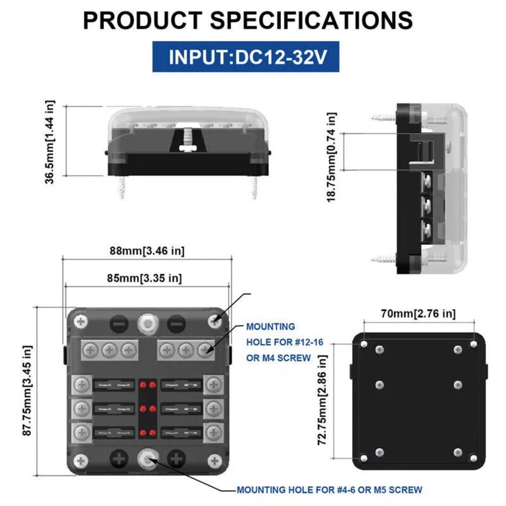 6 Way Power Distribution Panel Fuse Box for Car Boat 12-32V