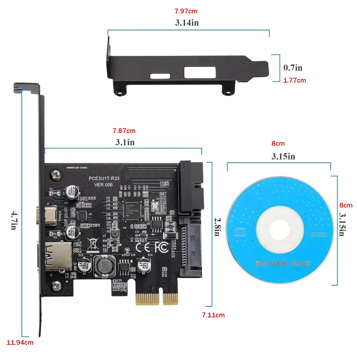 PCI-E 1X to USB 3.2 Gen1 Expansion Card for PC (2 Ports Type C + Type A)