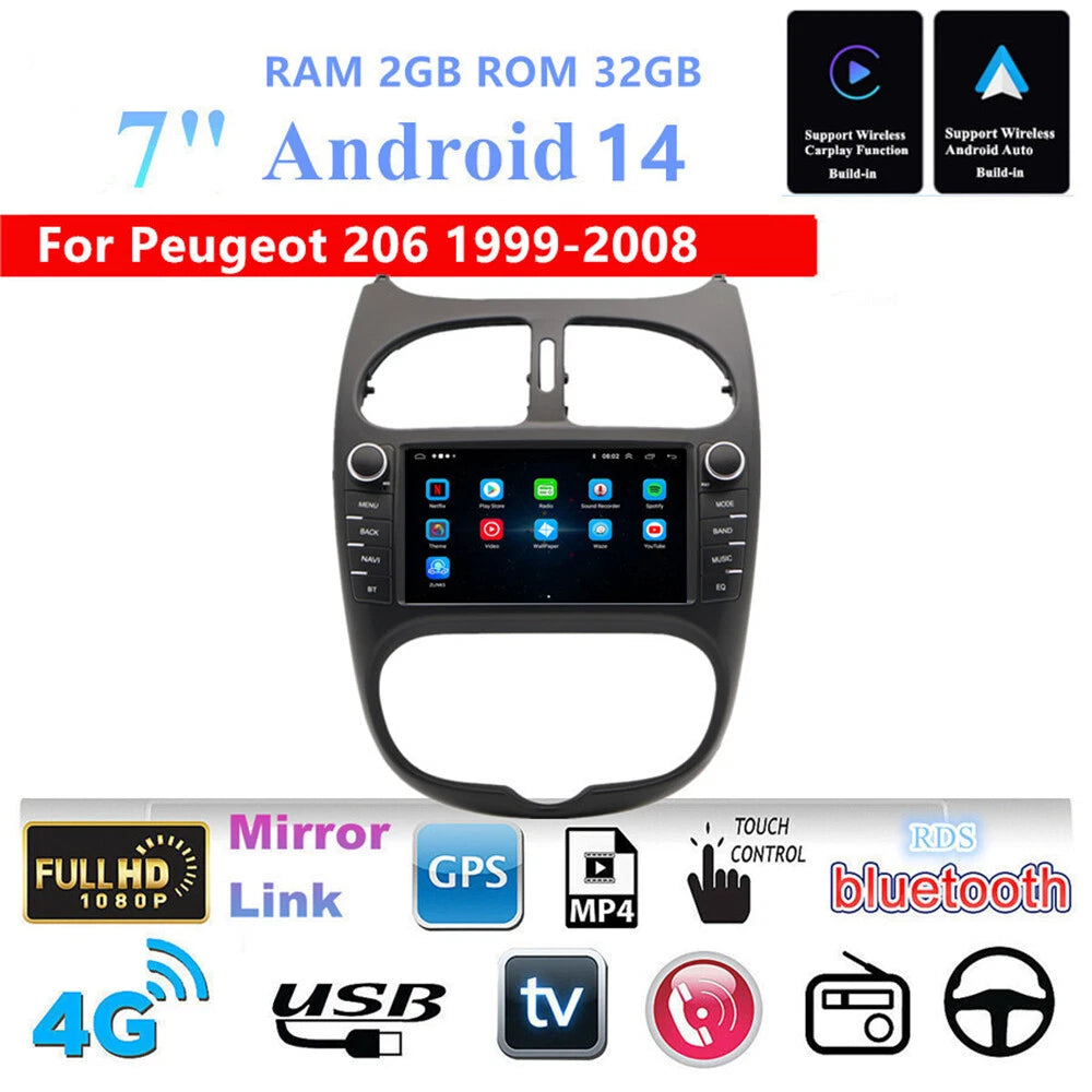 7'' Android Car Stereo GPS Navigation for Peugeot 206 (1999–2008)