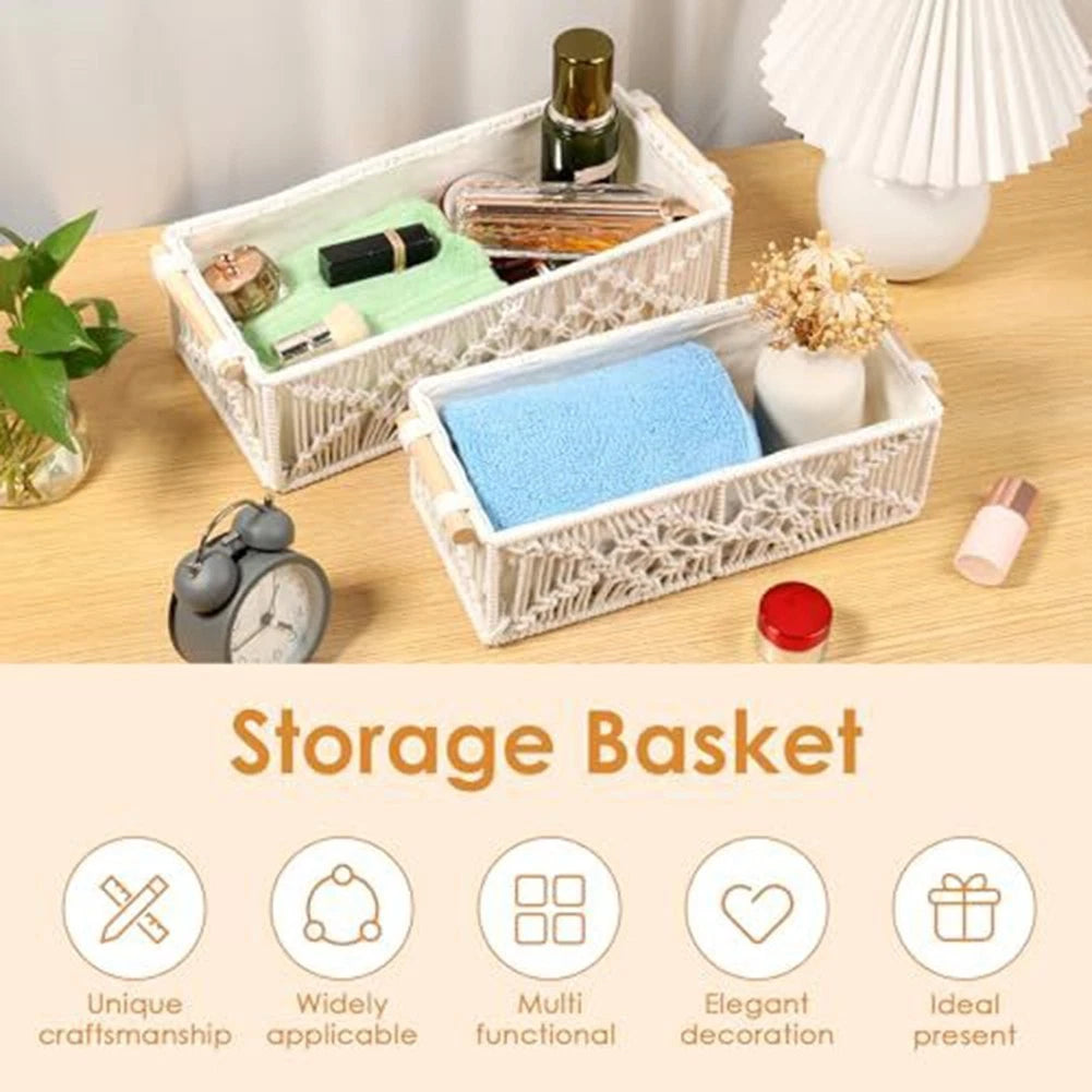 Set of 2 Handwoven Macrame Storage Baskets with Wooden Handles