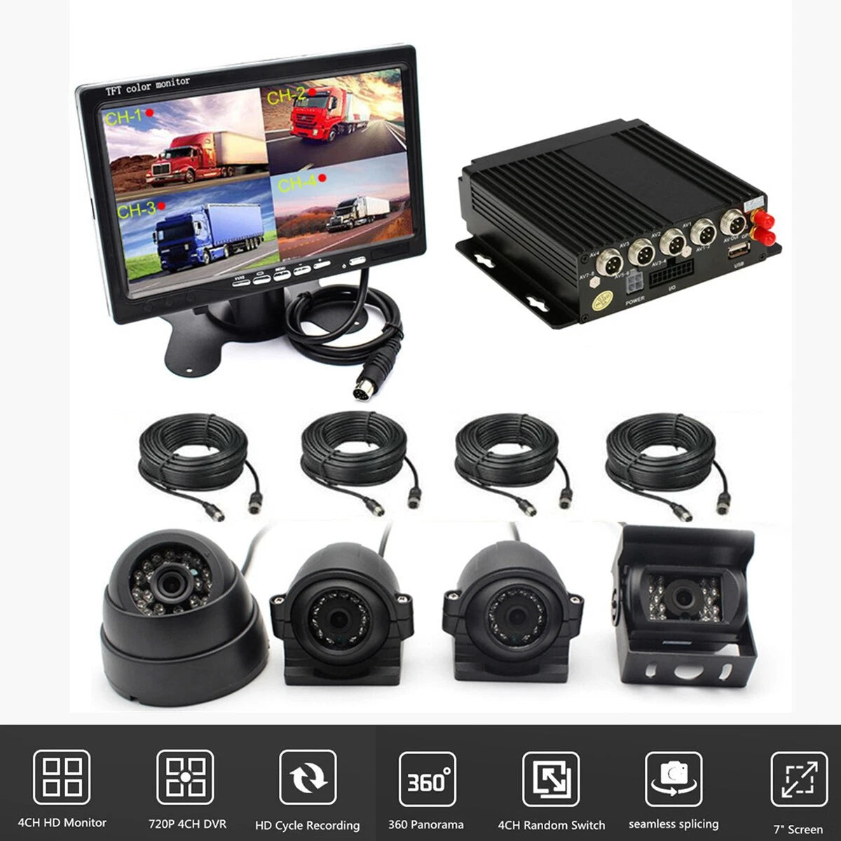 720P 4CH Car Bus DVR 4G Wireless GPS Realtime Video Recorder Box + 4x CCD Camera