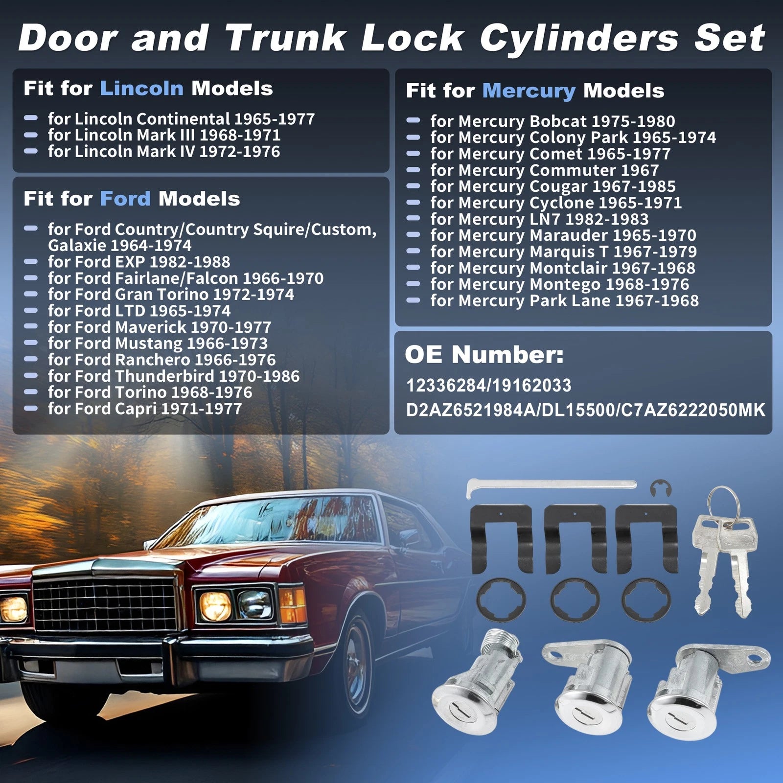 Door and Trunk Lock Cylinders Kit for Lincoln Thunderbird (1970–1986)