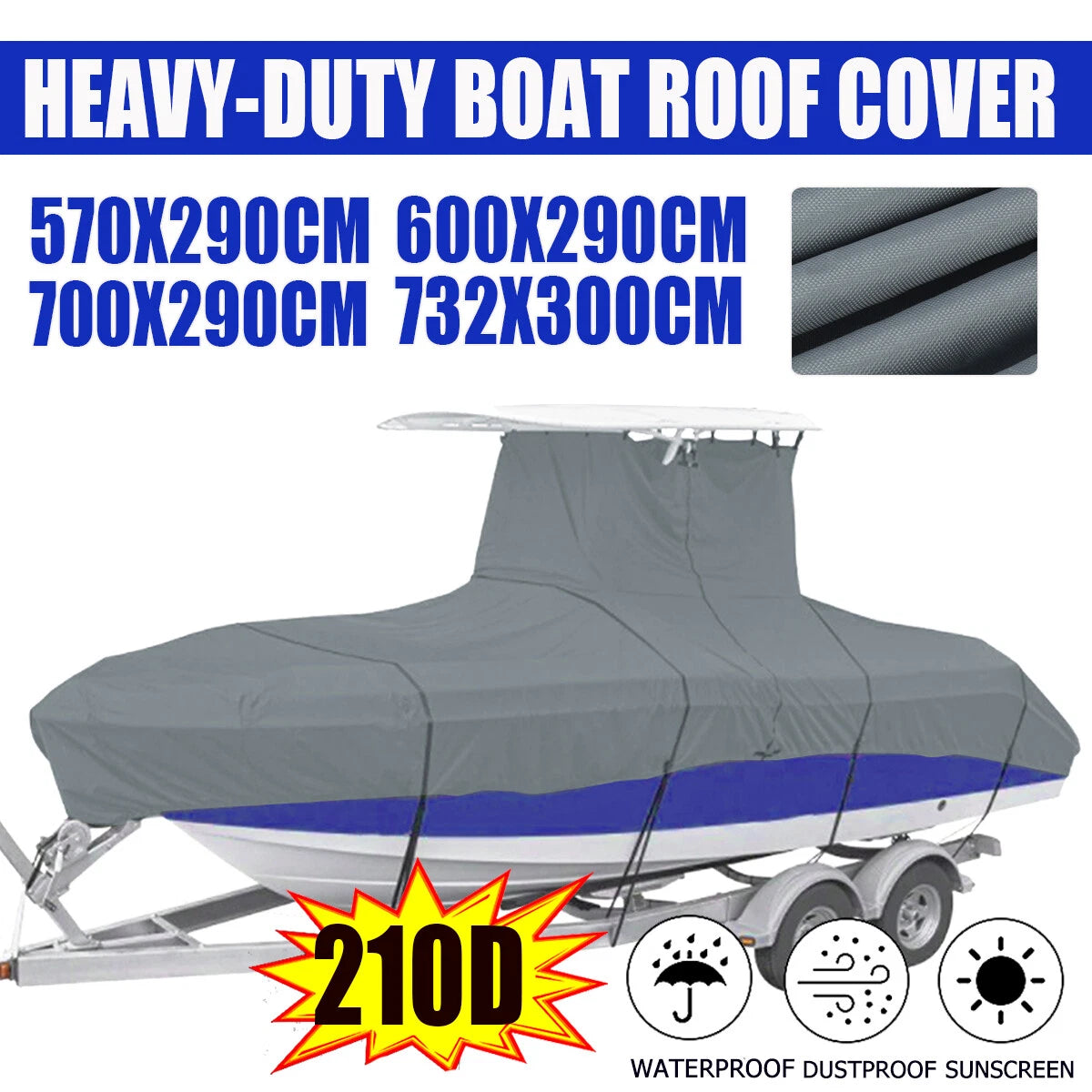 210D Heavy-Duty Boat Cover for Center Console Boats with T-Top (16-24FT)