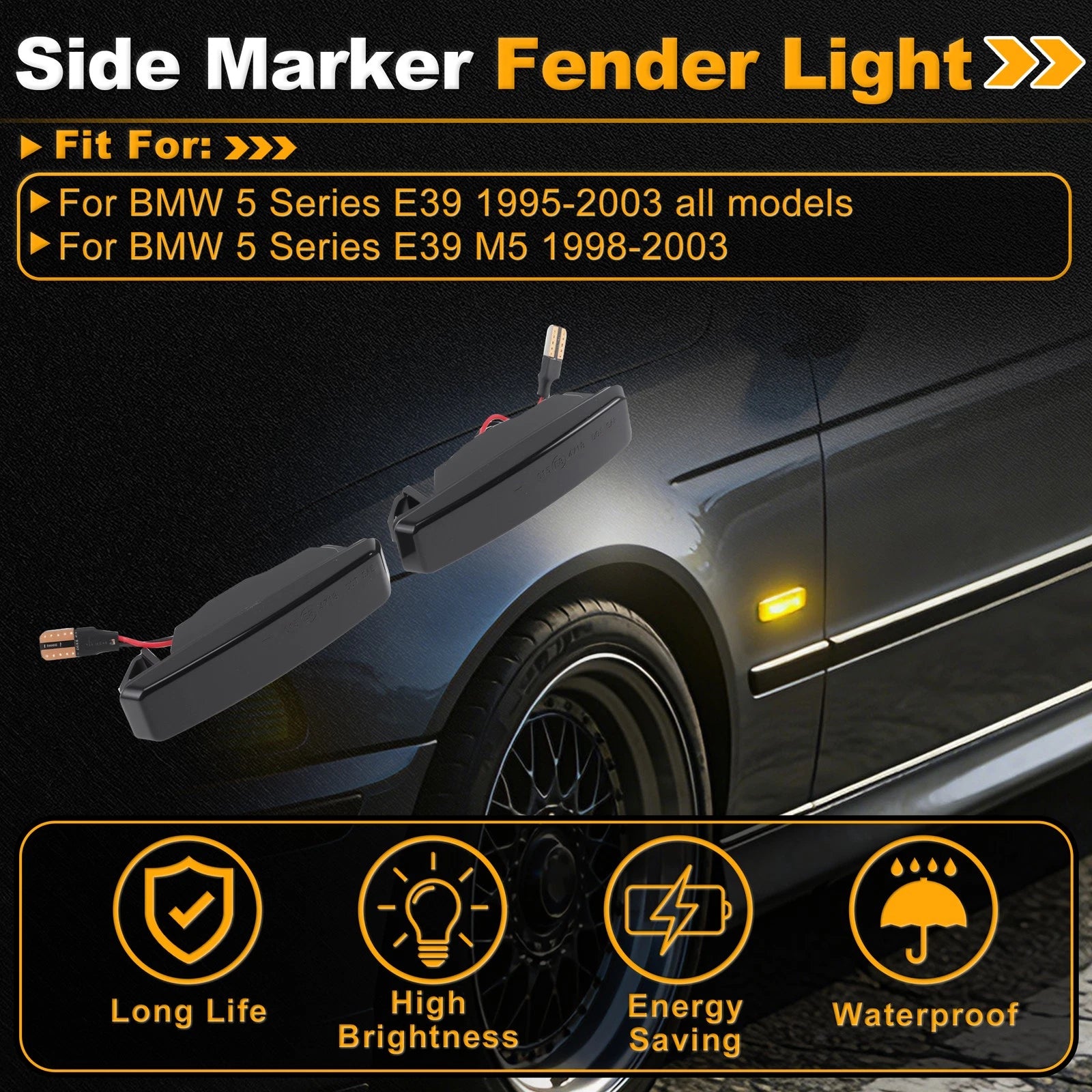 Side Marker Fender Light Smoke Lens for BMW 5 Series E39 (1995–2003) Pair
