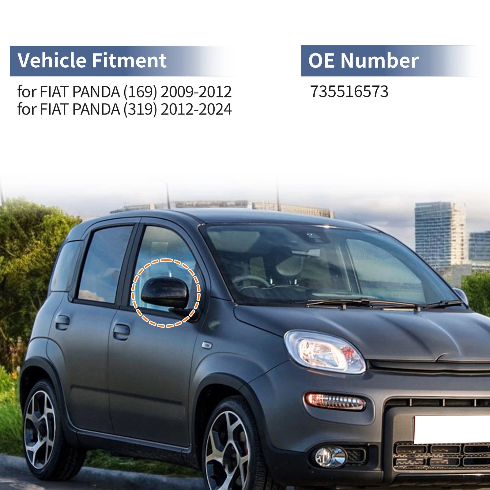 Right Driver Side Mirror Cover Cap Replacement Gray for Fiat Panda (2003–2012)