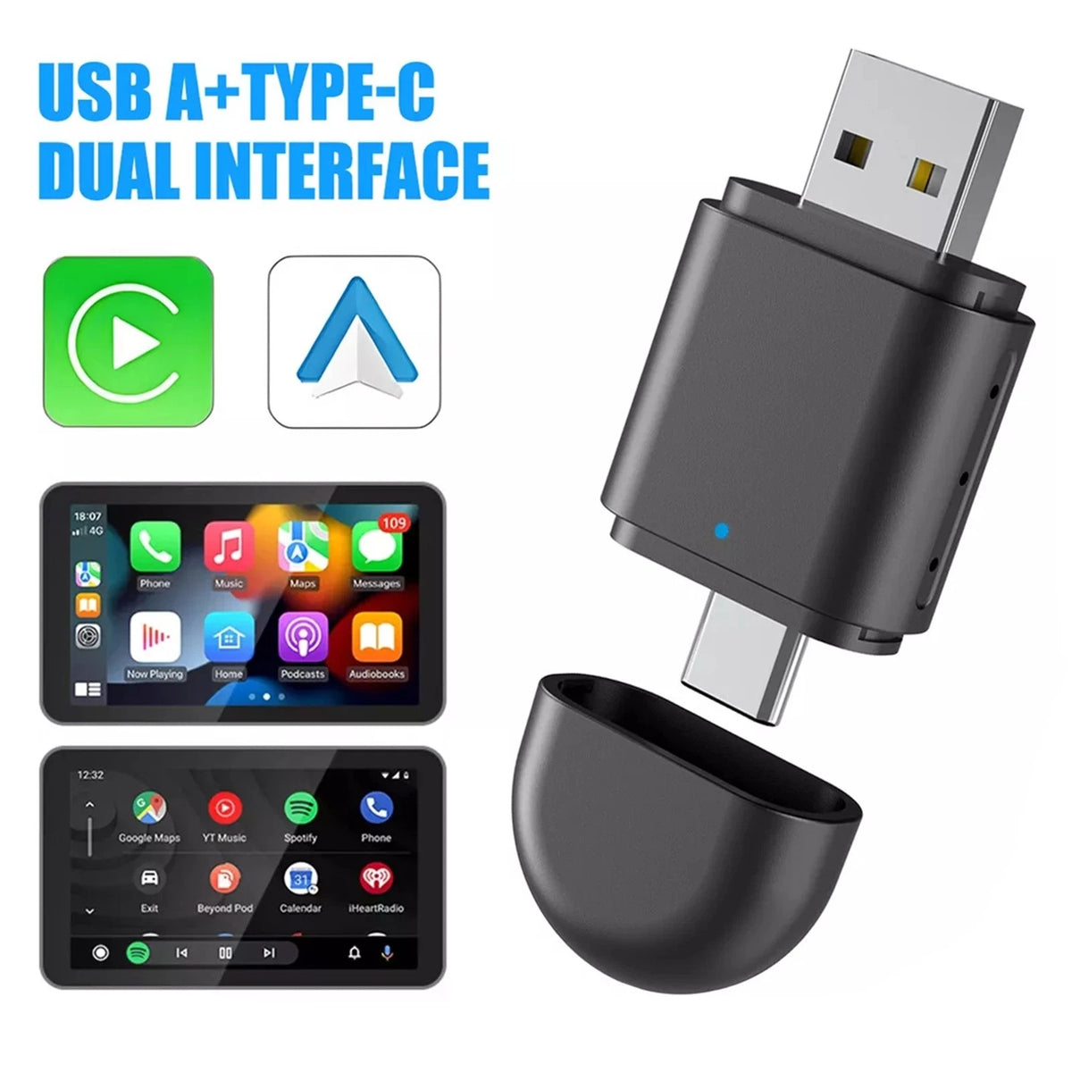 2 in 1 Mini Wireless Adapter for Carplay & Android Auto USB-A/Type-C