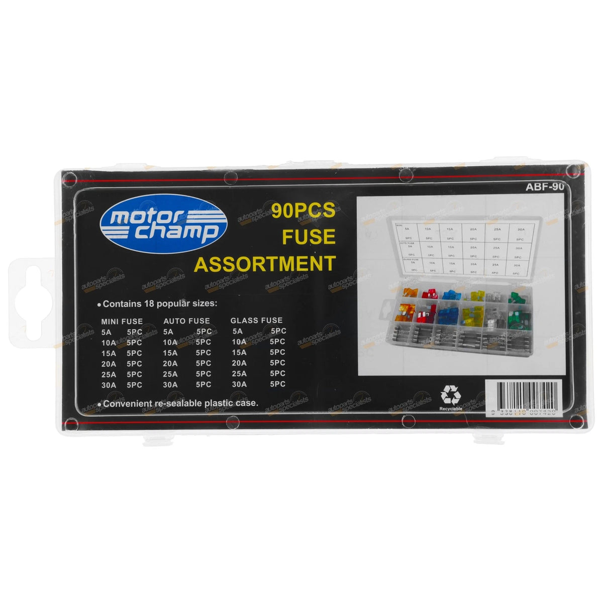 90pc Fuse Assortment Kit for Auto & Glass (Various Sizes)