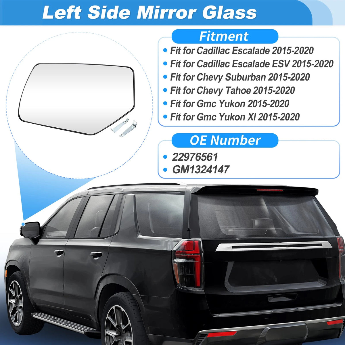 Left Side Heated Mirror Glass Replacement for Chevy Suburban Tahoe (2015-2020)