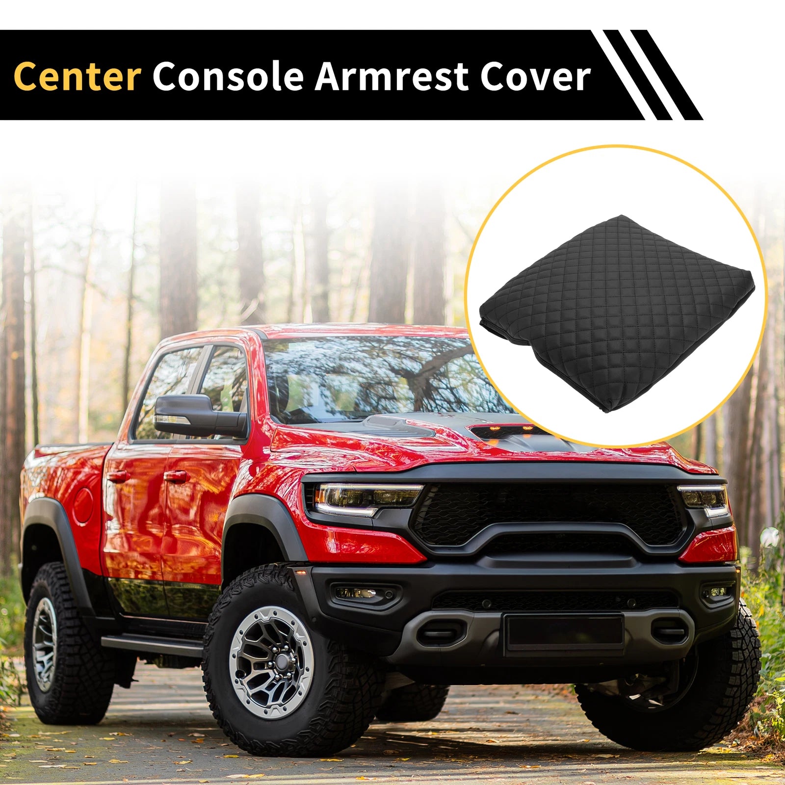Armrest Cover for Dodge Ram (Microfiber Leather, Square Pattern, Black)