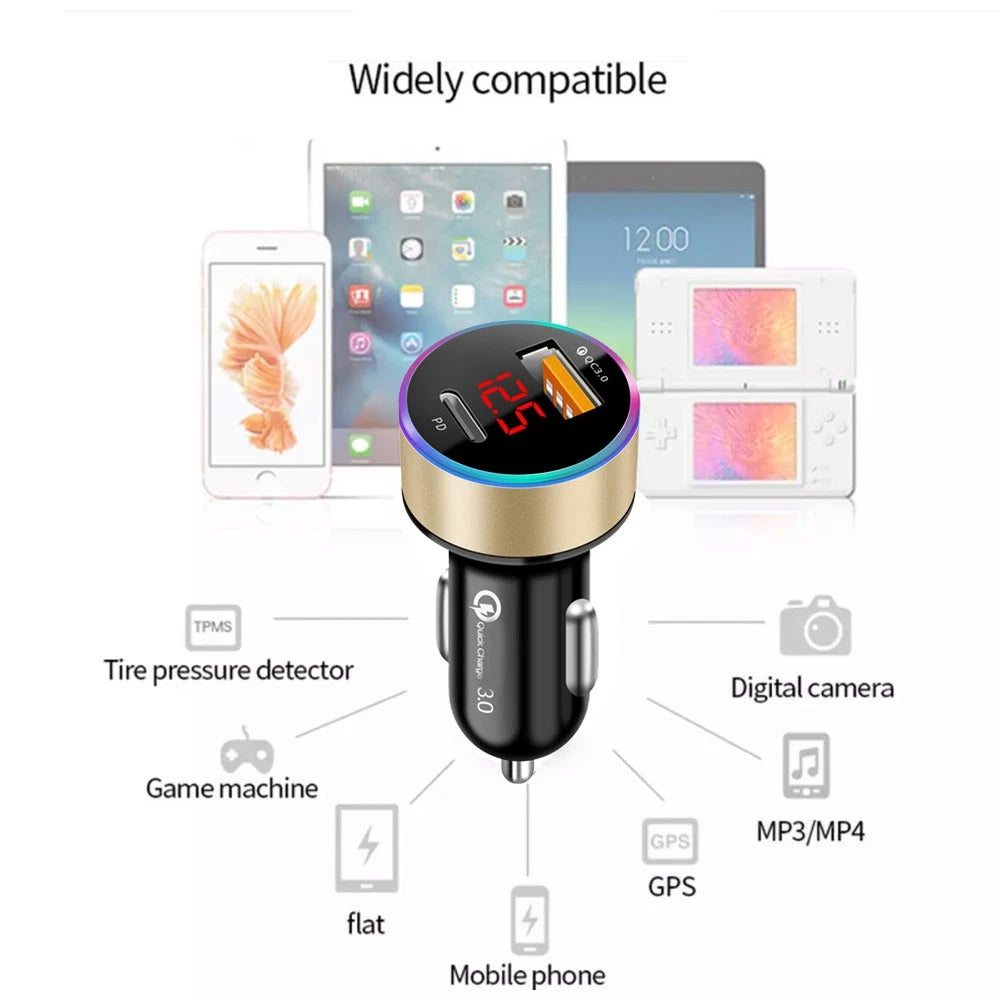 Fast Car Phone Charger LED Light QC3.0 USB PD Type-C Cigarette Lighter Socket