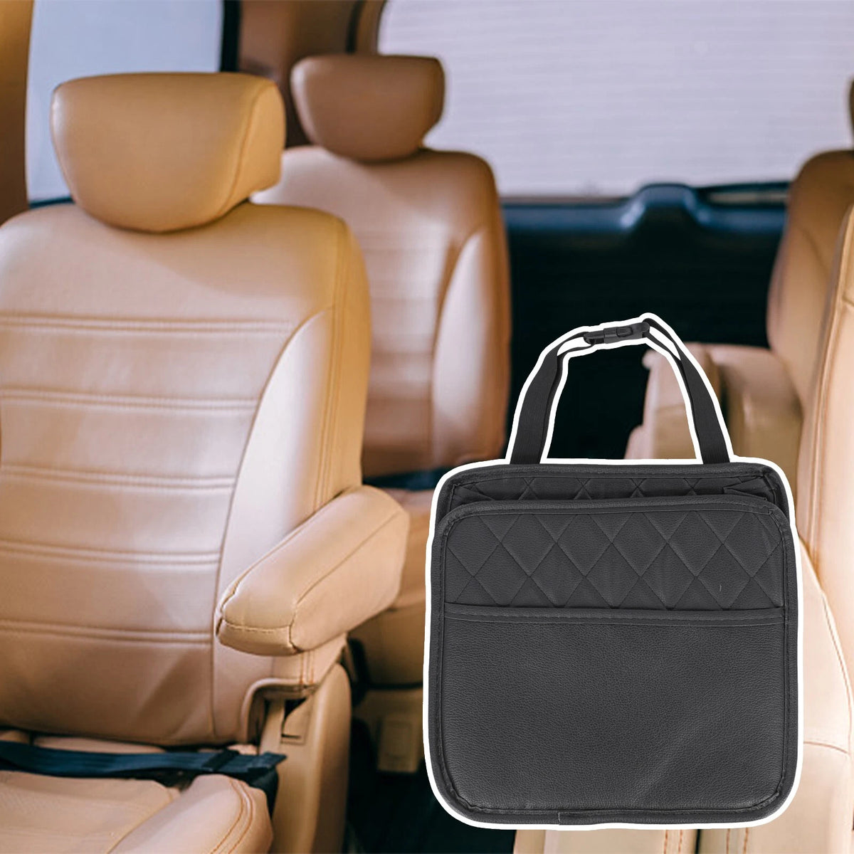 Black Leather Car Seat Back Storage Bag for Most Models