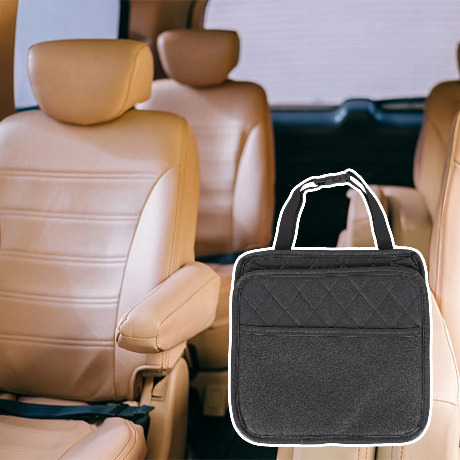 Black Leather Car Seat Back Storage Bag for Most Models