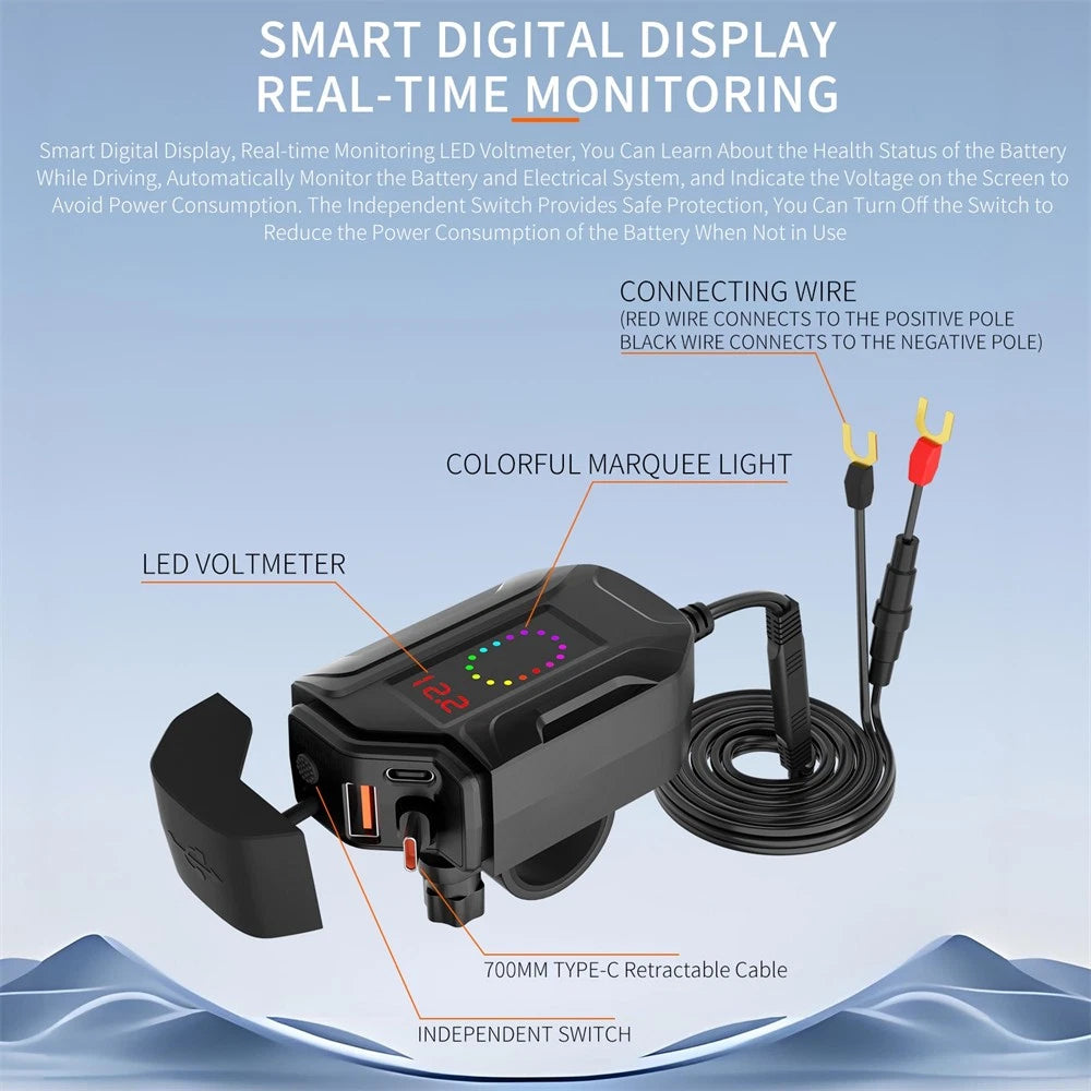 12V Motorcycle USB Charger Socket PD 30W Fast Charging Type C Retractable Cable
