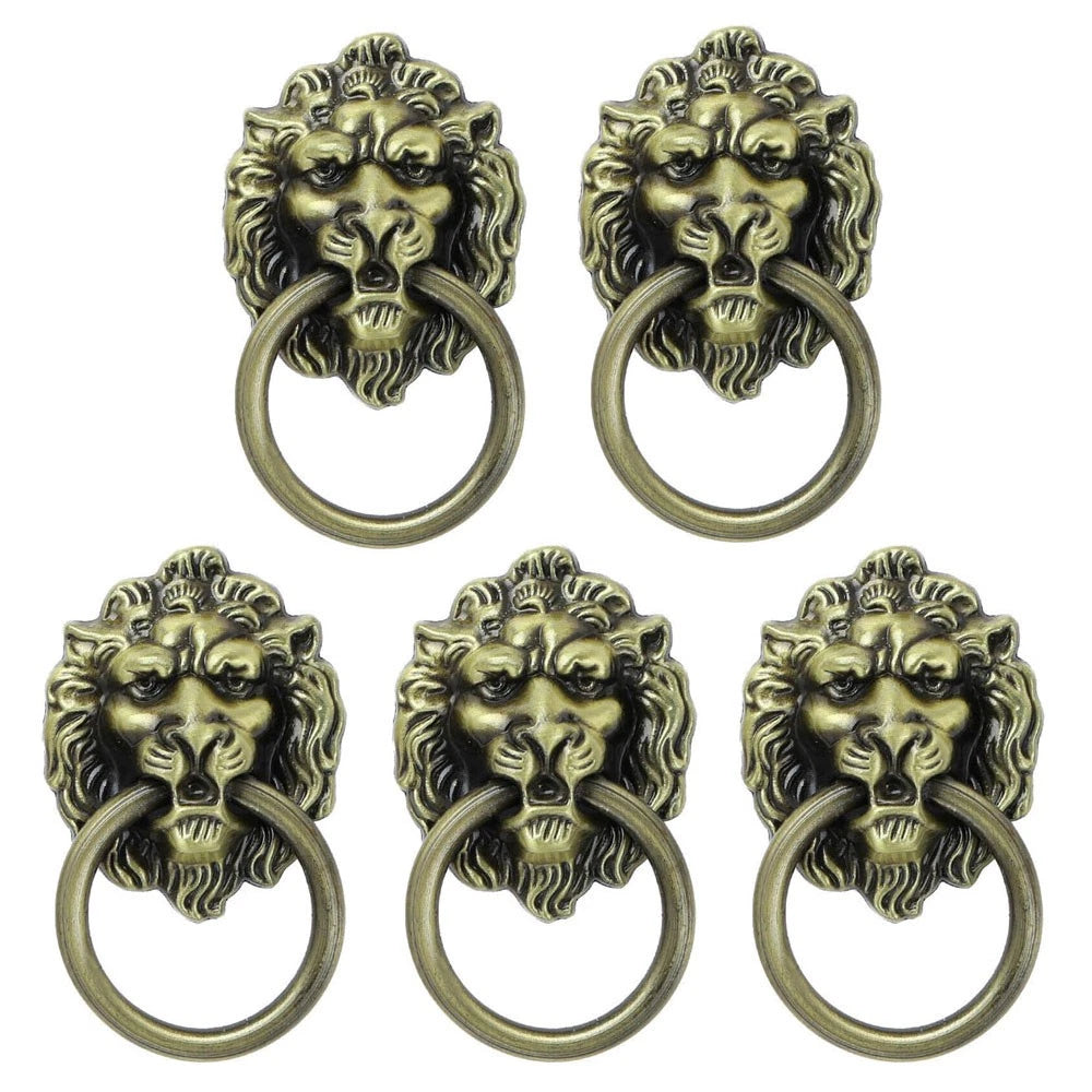 5Pcs Retro Lion Head Door Pull Handle Ring Antique Cupboard Drawer Cabinet Knob
