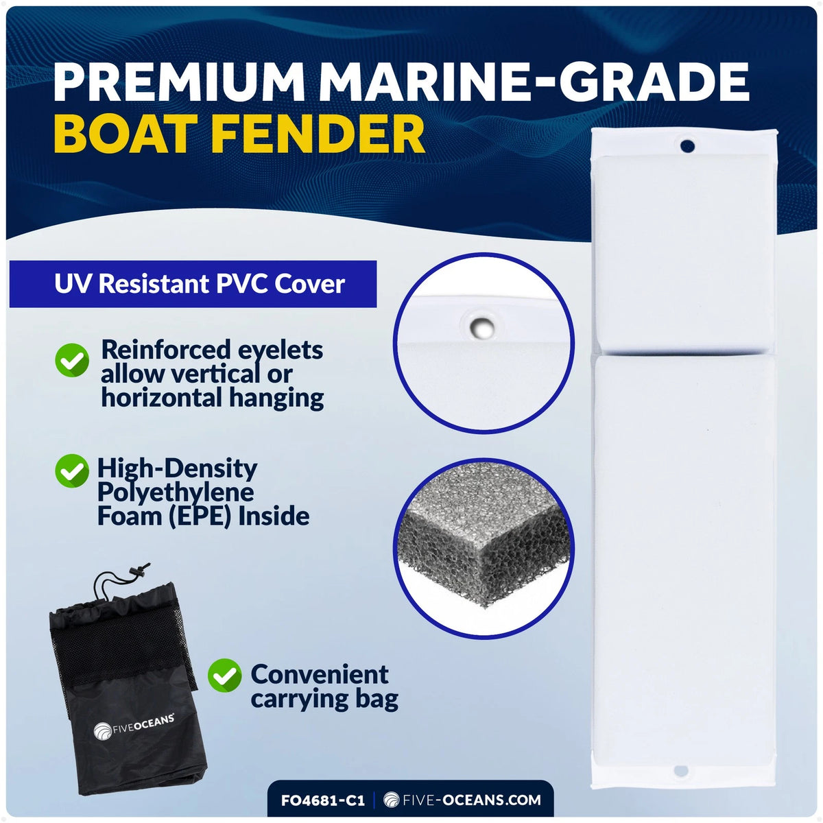 4-Pack White Flat Boat Fender Kit 24" x 6-7/8" x 2-1/2"