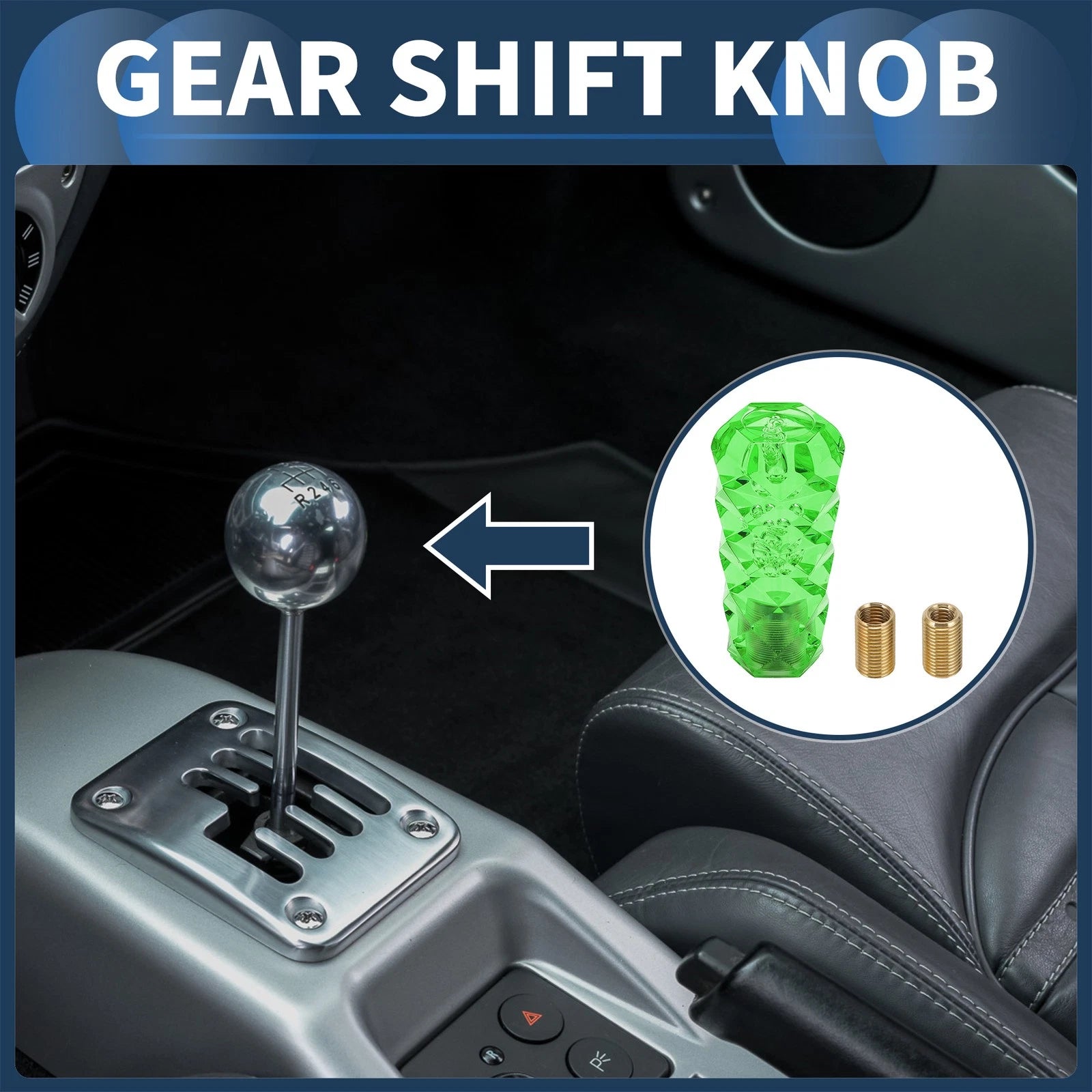Crystal Shift Knob with 2 Adapters for Universal Fit (10cm, Green)