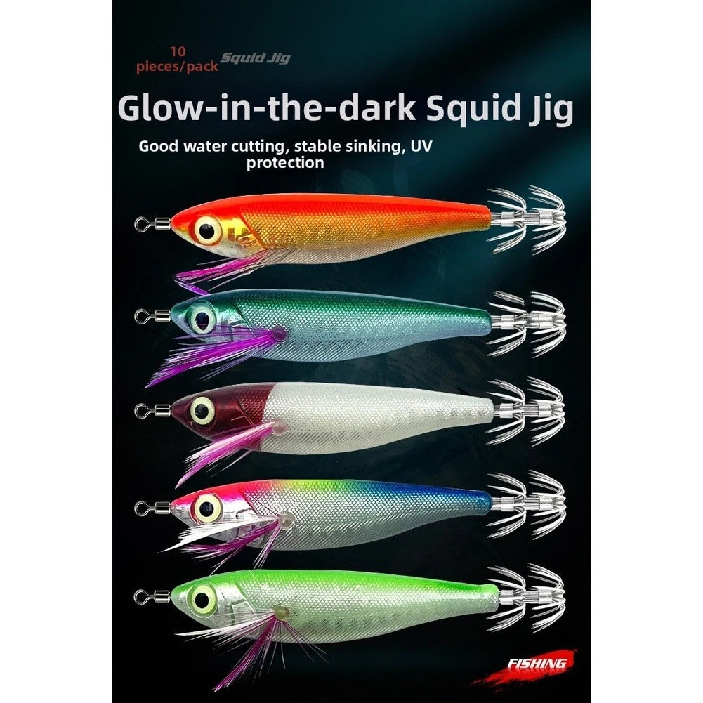 10cm Glow in Dark Squid Jig Fishing Lures with Rattles and Double Layer Hooks
