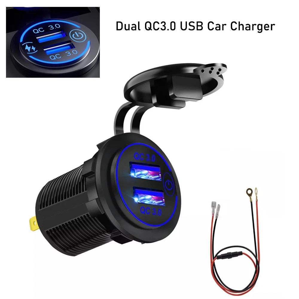 Dual QC3.0 USB Charger Cigarette Lighter Socket for Motorcycle ATV RV SUV