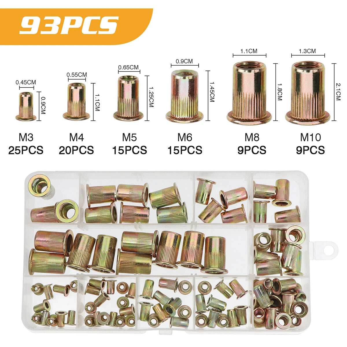 93x Rivet Nut Flat Head Threaded Nutsert for Various Applications (M3-M10)