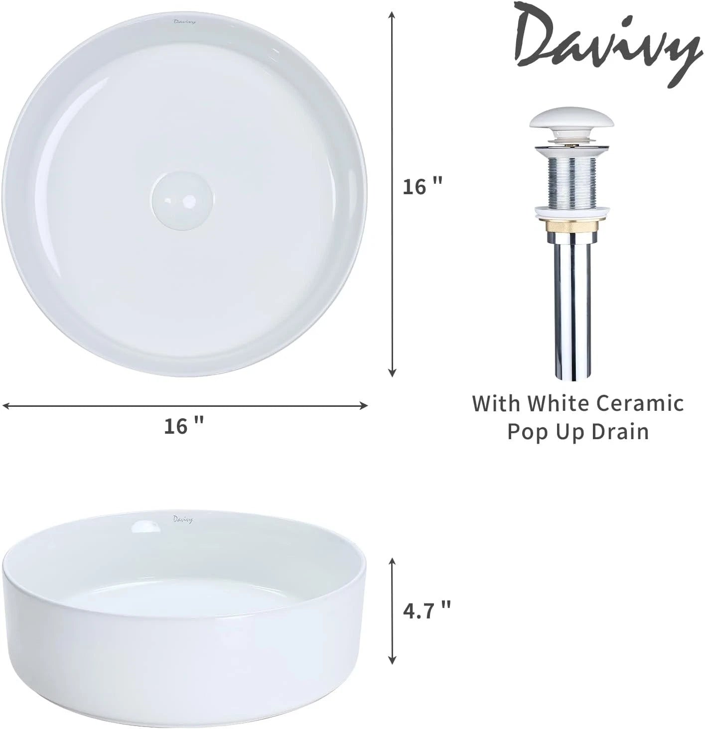 Ceramic Bathroom Vessel Sink 16" x 16" with Pop Up Drain for All Models