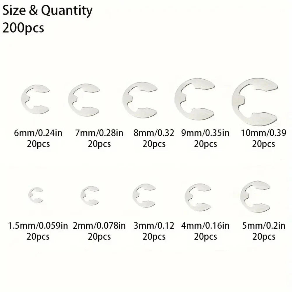 200 PCS Stainless Steel E Clip Washer Retaining Rings Kit M1 M10