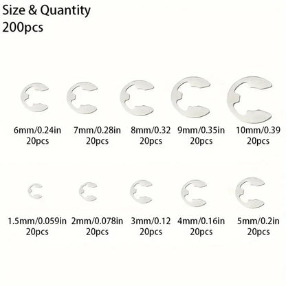 200 PCS Stainless Steel E Clip Washer Retaining Rings Kit M1 M10