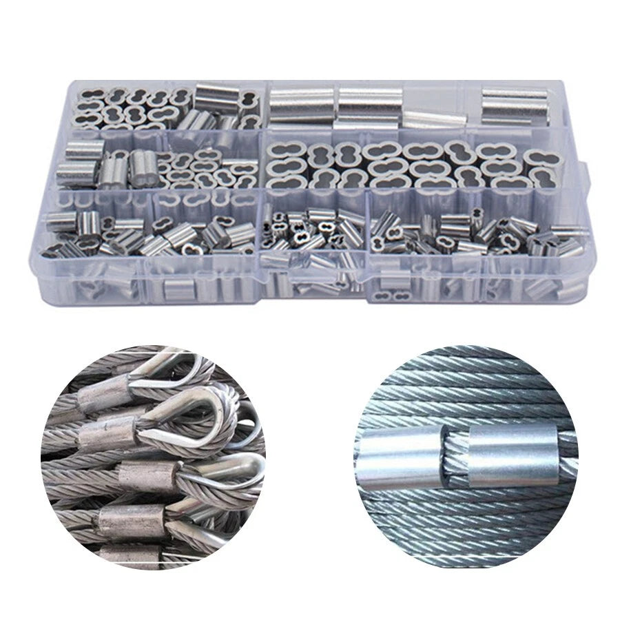 245Pcs 7 Size Aluminum Crimping Loop Sleeve Kit For Wire Rope And Cable Line End