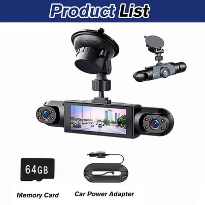 3 Channel 1080P HD Car Dash Cam Front & Inside Left Right With 64GB Memory Card