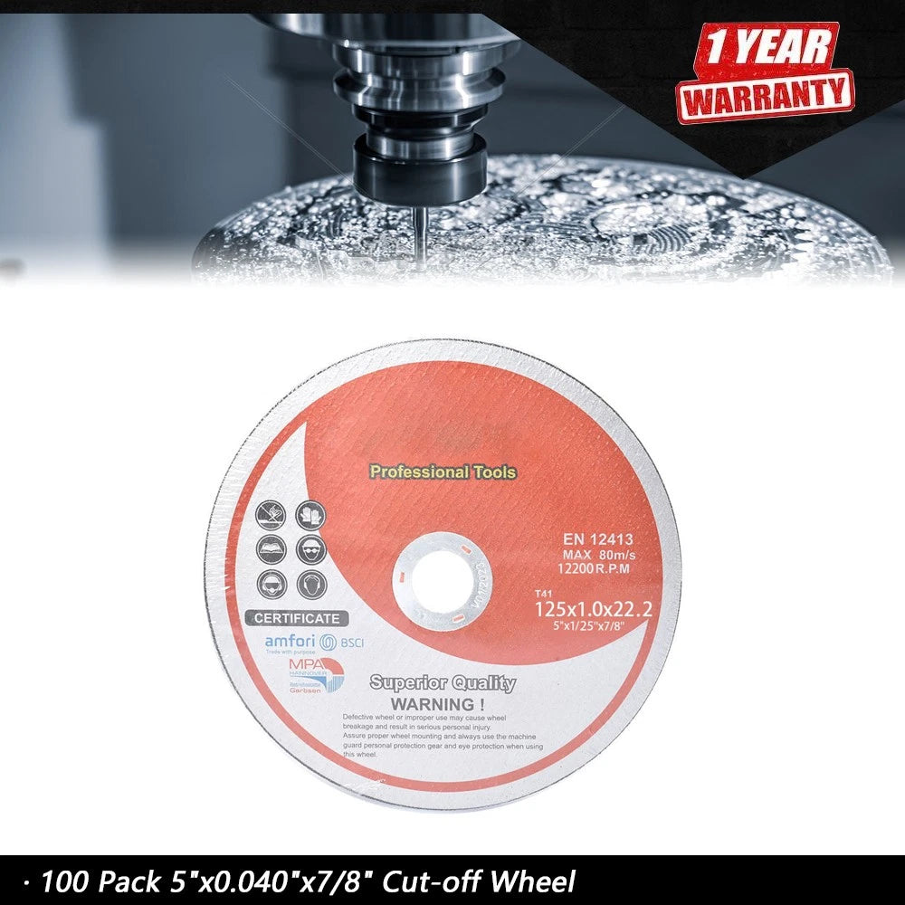 Cut-off Wheel 100 Pack 5"x0.040"x7/8" for Metal & Stainless Steel