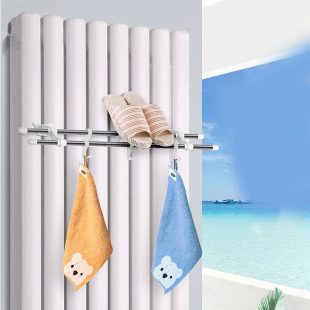 Space Saving Double Pole Radiator Towel Rail with 6 Hooks for Home
