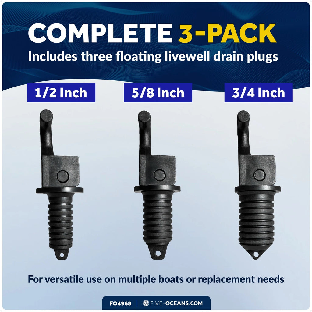 3X Floating Livewell Drain Plugs for Universal Use (1/2", 5/8", 3/4")
