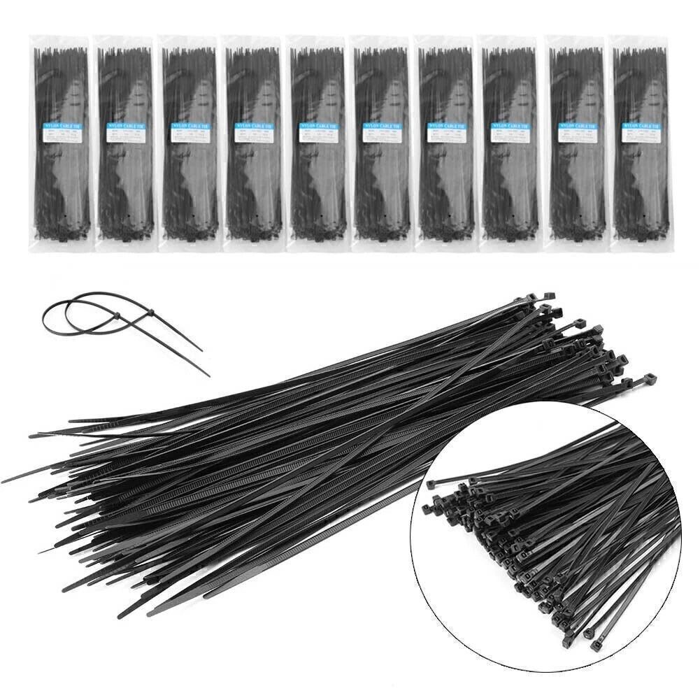 Set of 1000 Nylon 66 Zip Tie Straps 12" Black 40 lbs for Network Cables
