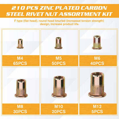 210PCS Rivet Nut Flat Head Threaded Insert for Universal Applications