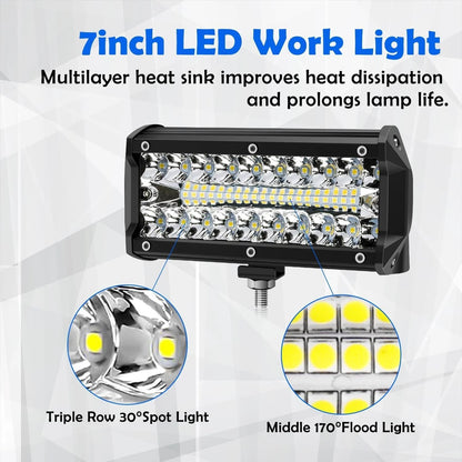 120W LED 7 inch For three Row Work Light with Cooling Design IP68 12V 24V