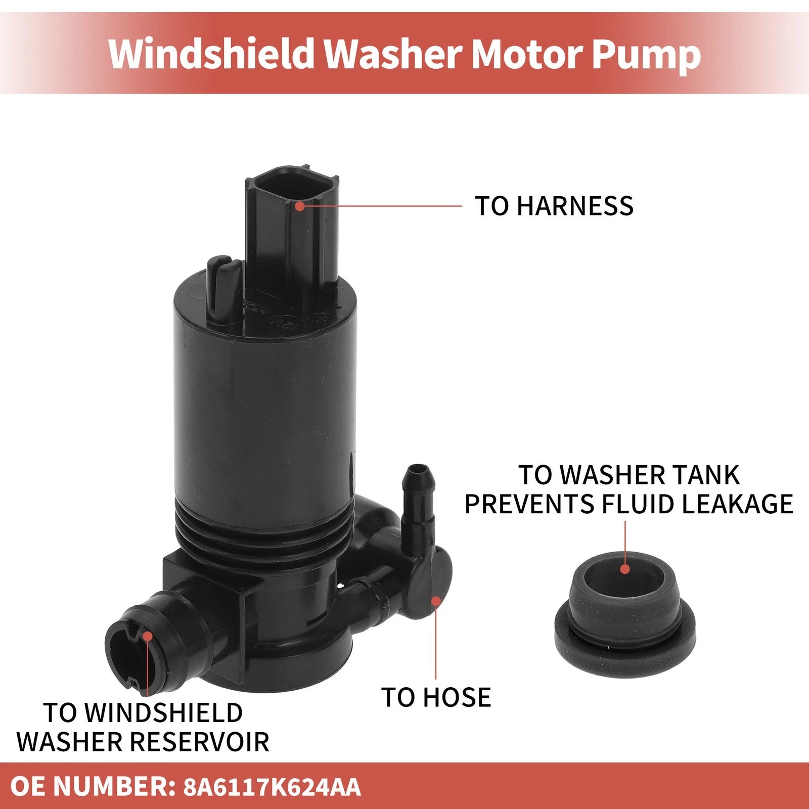 Windshield Washer Pump w/ Grommet for Ford (No. 8A6117K624A)