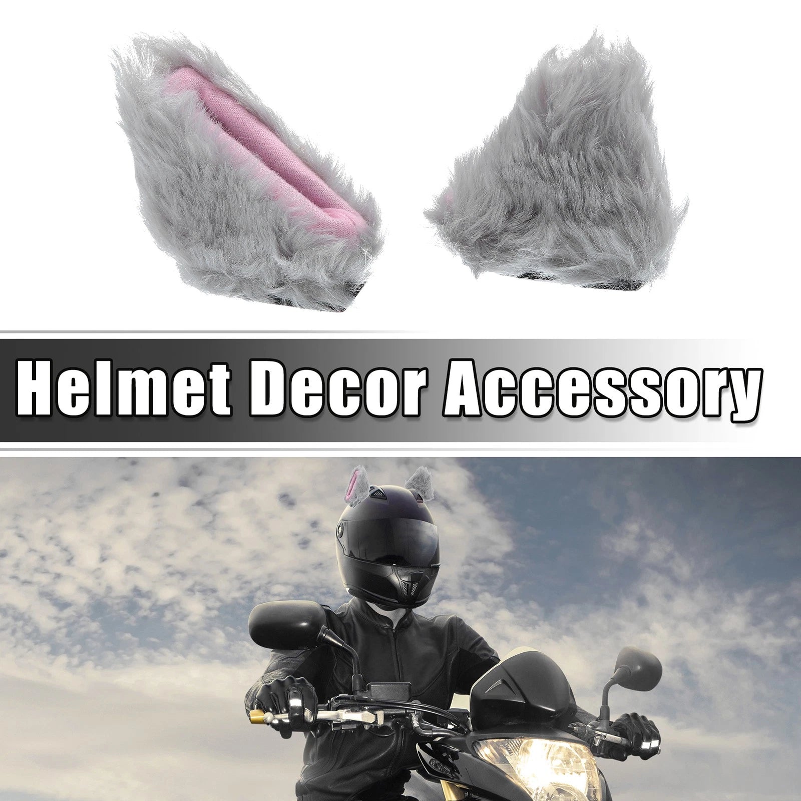 Helmet Decor Plush Cat Ears Pair for Bicycle Motorcycle Helmets (Gray Pink)
