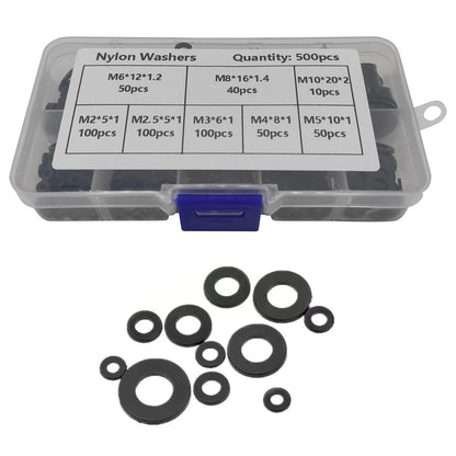 500PCS Nylon Washer Flat Assortment Set for Various Applications (8 Sizes)