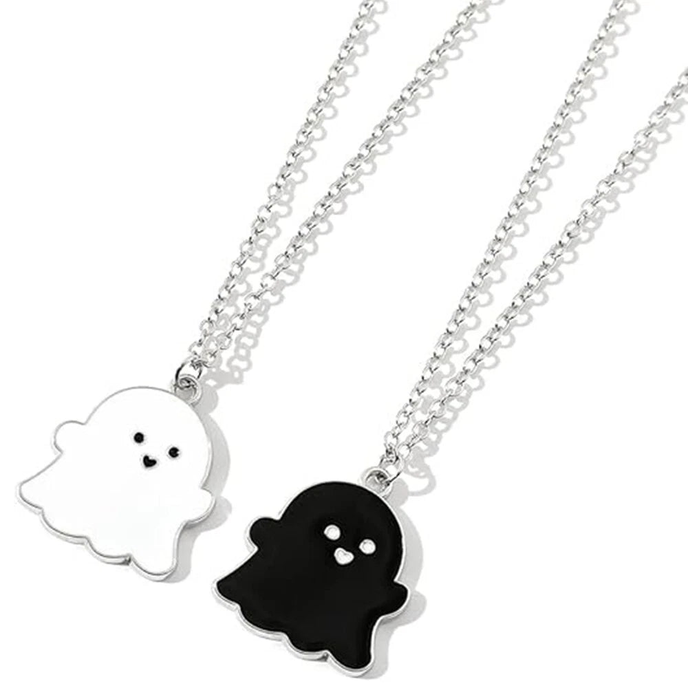 2X Black & White Ghost Pendant Necklaces for Couples