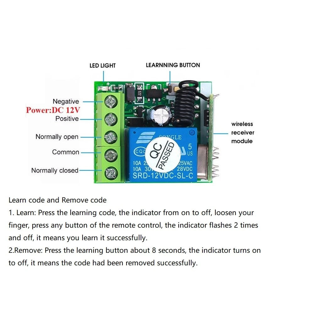 1-Channel Wireless RF Relay for Garage Door Control (12V)