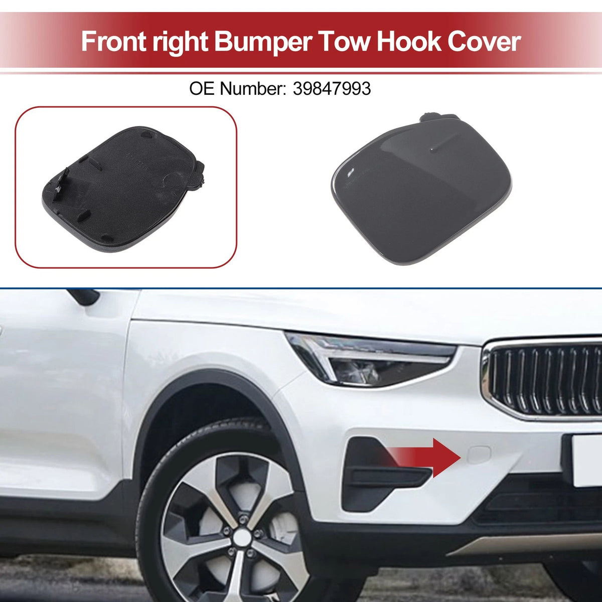 Tow Hook Cover Cap for Volvo XC40 (2018–2022) No. 39847993 Gray Plastic
