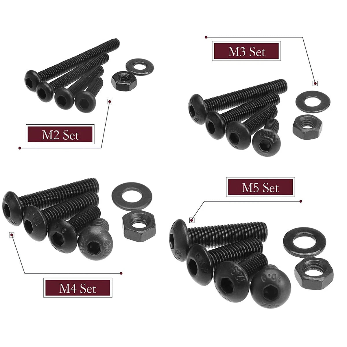 730pcs Button Head Black Socket Screw & Washers Kit M2 M3 M4 M5
