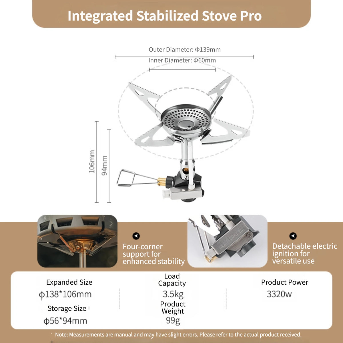 Portable Camping Stove 3320W Lightweight 99g with Stable 4 Leg Base