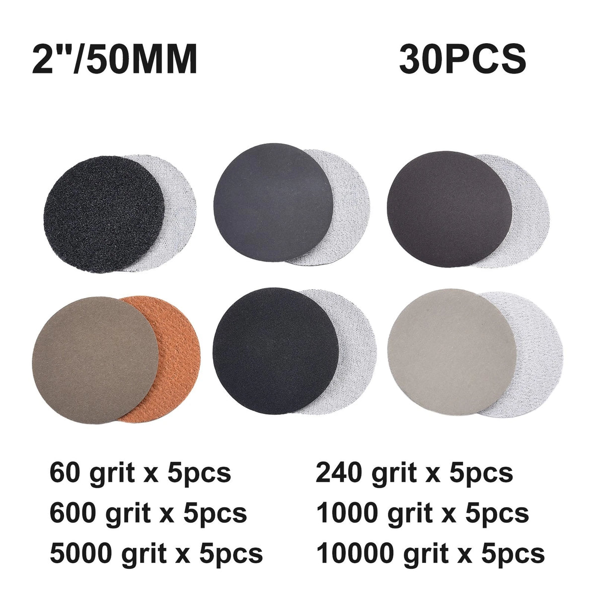 30PCS 2-Inch Wet & Dry Sanding Discs for Multi-Purpose Use