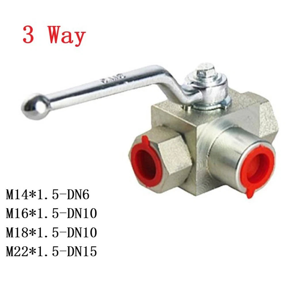 Hydraulic 3-Way Female Thread Ball Valve M14x1.5 to M27x2 (500 Bar MWP)