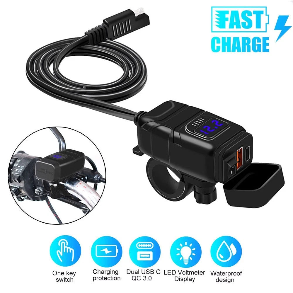Dual USB Quick Charger Voltmeter for Motorcycle ATV (12V-24V)