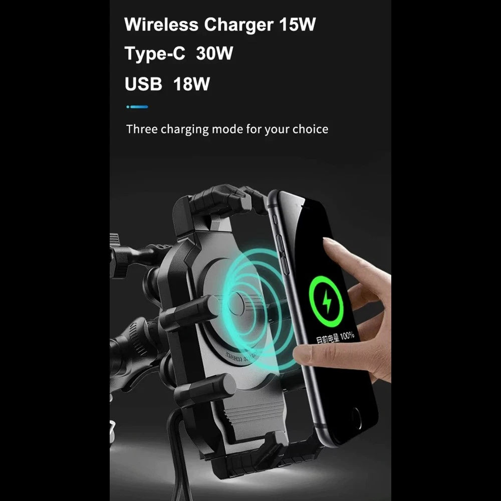 15W Wireless Charger Motorcycle Phone Holder with 30W USB C & 18W USB A